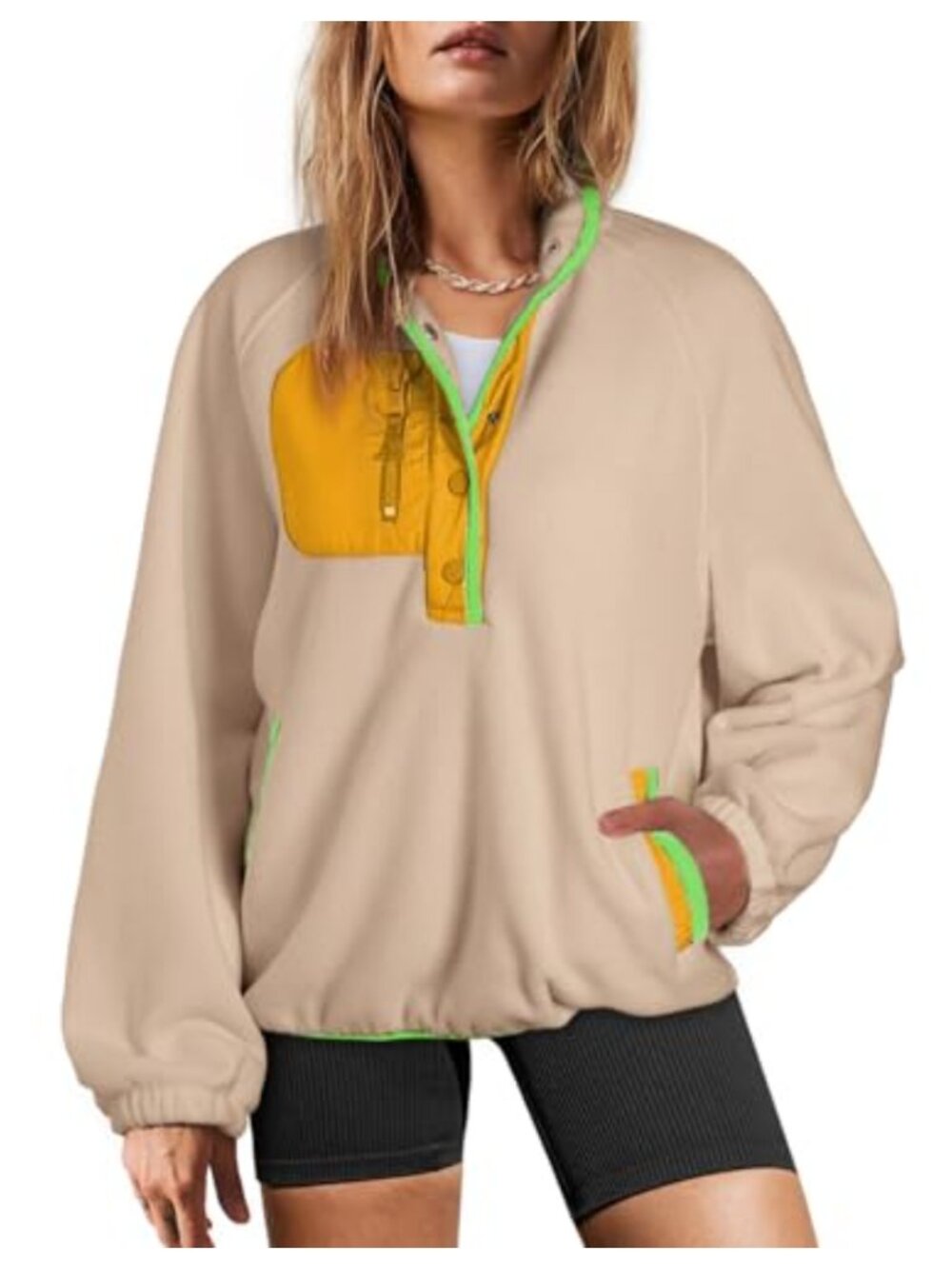 Oversized Fuzzy Fleece Sherpa Sweatshirt Button V Neck Color Block Pullover